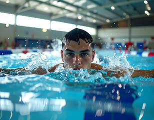 Nadador emergiendo del agua con salpicaduras dinámicas en piscina olímpica, entrenamiento profesional de natación
