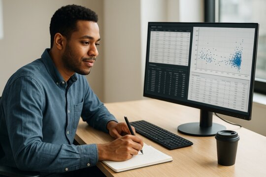 Focused analyst writing notes while reviewing scatter plot data on a large desktop monitor in a bright office setting with natural light background. Ai generative