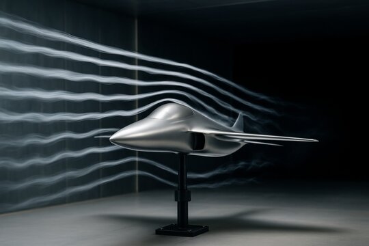 Futuristic aircraft model in wind tunnel test with airflow visualization, isolated on dark background, illustrating aerodynamics science concept. Ai generative - Powered by Adobe