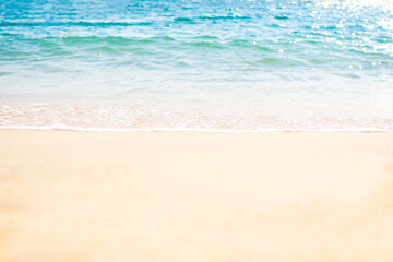Summer background sea blue with sand beach at coast island scene mockup water nature travel vacation holidays tropical, mockup ocean ecosystem energy change environment, backdrop product cosmetic.