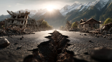 Severe earthquake damage and crumbling infrastructure in mountain town natural disaster aftermath desolate landscape