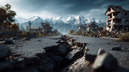 Devastating earthquake damage reveals crumbling infrastructure in natural disaster zone mountainous region dramatic landscape