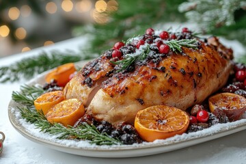 Chicken and oranges on a plate.