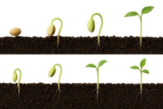 Seed Germination and Sprout Growth Stages in Soil, Two Rows of Progression seedling isolated on a transparent background