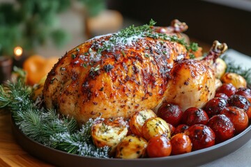 Plate of roasted chicken with tomatoes and herbs.