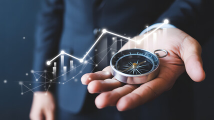 Hand holding compass with stock graph overlaying the image