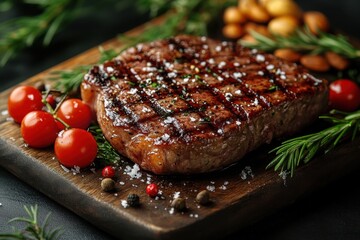 Steak with rosemary and garlic on wooden board.