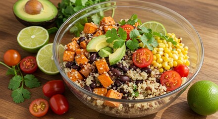 Quinoa salad with sweet potato, avocado, beans, and tomatoes in glass bowl, styled aesthetic with lime and cilantro