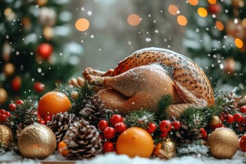 Turkey perched on festive table amid Christmas decor.