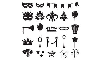 Mardi Gras Silhouette Icons – Masks, Crowns, Balloons, Banners, Stars & Party Decorations Vector Set

