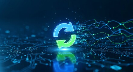 Refresh or update icon on circuit board background. Data processing and digital technology concept.
