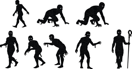 Halloween mummy vector set with creepy poses, ancient Egyptian horror monster, wrapped bandages, spooky undead character for scary haunted design