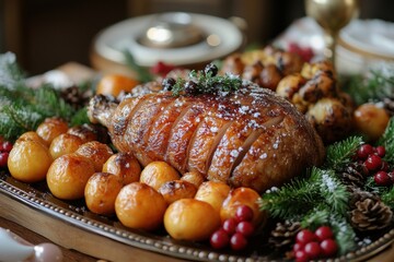 Plate of food featuring meat and fruit.