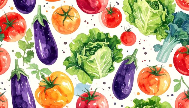 Colorful watercolor illustration of fresh vegetables including eggplant, tomato, lettuce, broccoli, and parsley. Hand-painted seamless pattern on white background