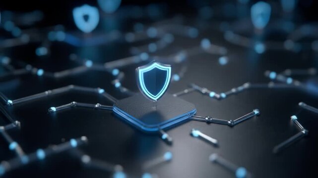 Cyber security concept with glowing shield icon on a microchip, representing digital data protection and a secure network infrastructure.