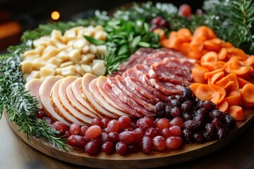 Wooden platt with meat, cheese, and vegetables.