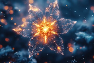 Glowing lights illuminate a delicate snowflake.