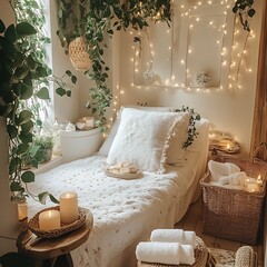 A tranquil spa room with soft lighting, plants, and cozy decor, creating a relaxing and rejuvenating atmosphere