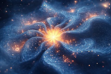 Bright yellow star shining in a blue nebula with stars.