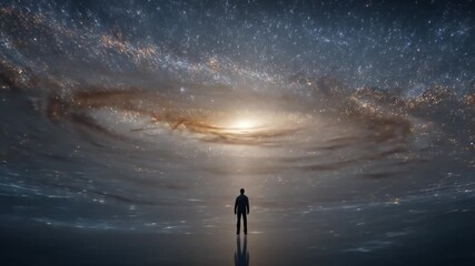 Silhouetted figure gazing at a breathtaking cosmic galaxy with starry expanse