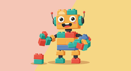 Fototapeta premium Cheerful Cartoon Robot Made of Colorful Building Blocks.