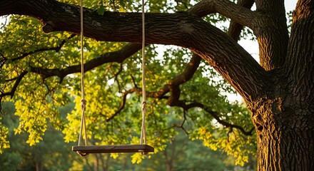 Rustic wooden swing hanging from a large oak tree branch in golden hour sunlight