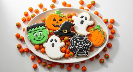 Fototapeta premium Halloween themed cookies on a white plate surrounded by orange candies in a white background