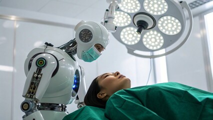 Humanoid Surgical Robot Preparing Operation on Asian Woman Patient in Sterile Hospital Surgery Room for Futuristic Healthcare