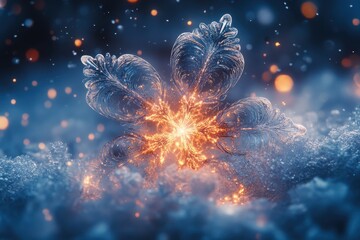 Snowflakes falling on a snow-covered ground.