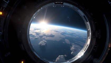 View of Earth sunrise from circular spaceship window, epic cinematic spaceship background 4k outer space perspective