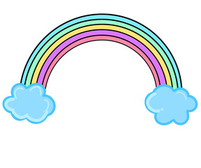 Cute Pastel Rainbow with Blue Puffy Clouds. Isolated Fantasy Graphic for Kids, Celebration, and Design. 