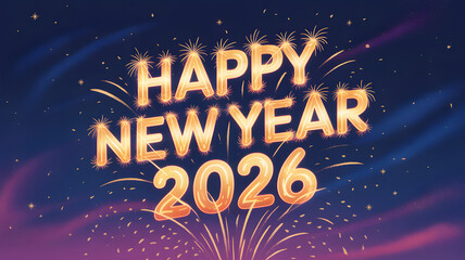 Fireworks forming golden shiny Happy New Year 2026 lettering animation. Christmas celebration concept. Animated text with sparkling effects