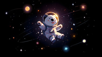 Fototapeta premium cartoon puppy astronaut floating in outer space surrounded by glowing stars and colorful shining planets design