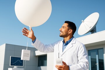 Scientist launching ozone sonde balloon for atmospheric research near satellite dish on a clear day, symbolizing science and data collection concept. Ai generative