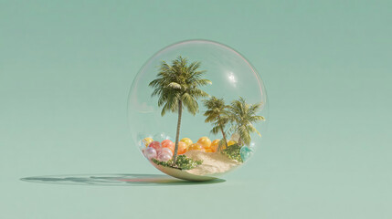 A vibrant beach paradise with a palm tree and sandy shore enclosed within a balloon, set against a pastel green background, creating a perfect blend of summer atmosphere