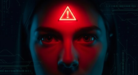 Woman with red warning sign on forehead. Cyber security threat detected. Concept of data breach.