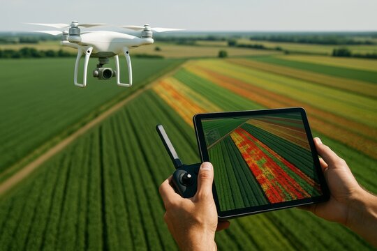 Precision farming drone flying above colorful agricultural fields with tablet showing crop data overlay for smart farming technology concept. Ai generative