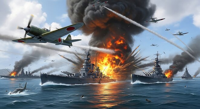 Pearl Harbor Attack Illustration of Naval Warfare.