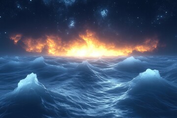 Bright orange glow over a large body of water.