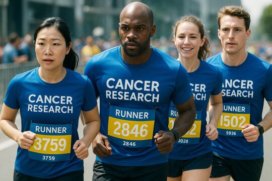 Group of diverse marathon runners in blue cancer research shirts participating in charity race on city street with blurred background view. Ai generative