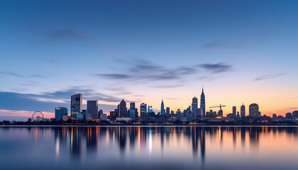 Fototapeta premium City skyline reflected in calm water at sunrise 
