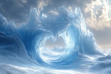 Large wave crashing in the ocean under a cloudy sky.