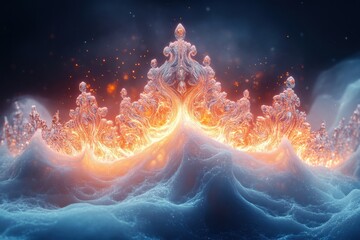 Abstract, contrasting wallpaper design featuring fire and ice elements.