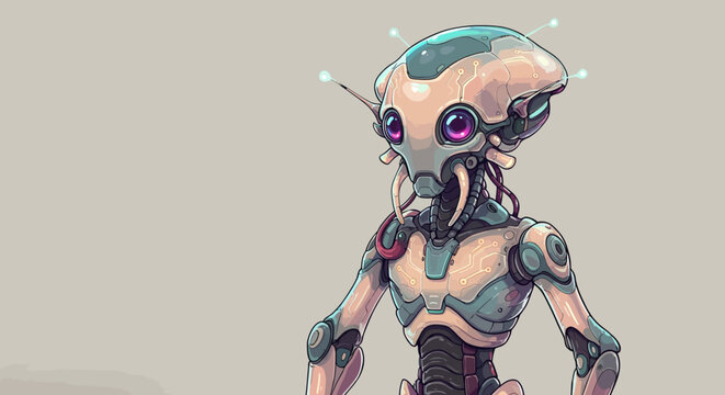 Futuristic Alien Robot with Glowing Antennae and Circuitry Details.