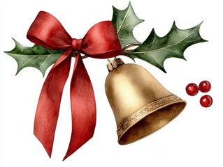 Christmas bell with red bow isolated. Festive holiday ornament vibrant scarlet ribbon celebratory jingle bell seasonal decoration joyful winter adornment bright bow single