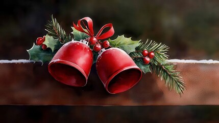 Christmas bells adorned with holly festive watercolor artwork. Holiday cheer watercolor image decorative winter bell botanical accent joyful season art berry evergreen leaf
