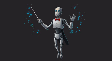 Fototapeta premium Robotic Conductor Directing Music with Baton and Bowtie.