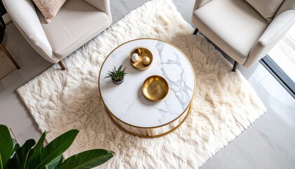 Modern Living Room Interior Cozy with White Furniture, and Overhead View.
