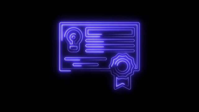 Neon style certificate diploma award idea innovation icon isolated on black background