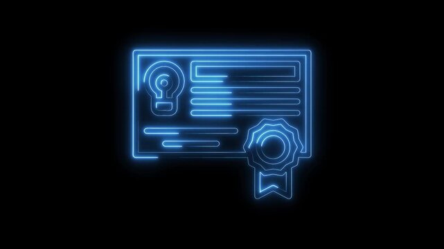Glowing blue neon certificate illustration animation on black background concept learning